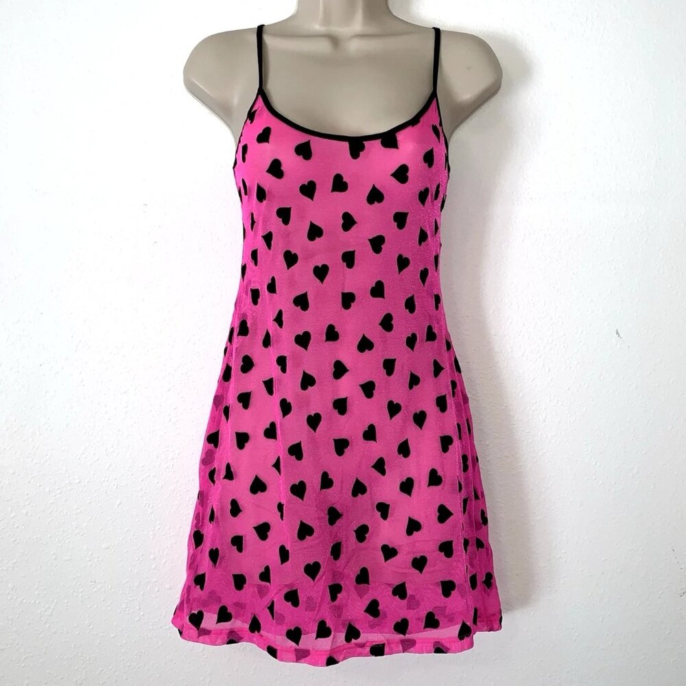 Y2K Victoria Secret BLACK HEART Hot Pink Mesh SLIP DRESS Small NIGHTY Whimsygoth